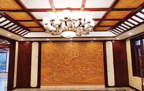 九台中式别墅客厅中式木作横梁吊顶装饰展示